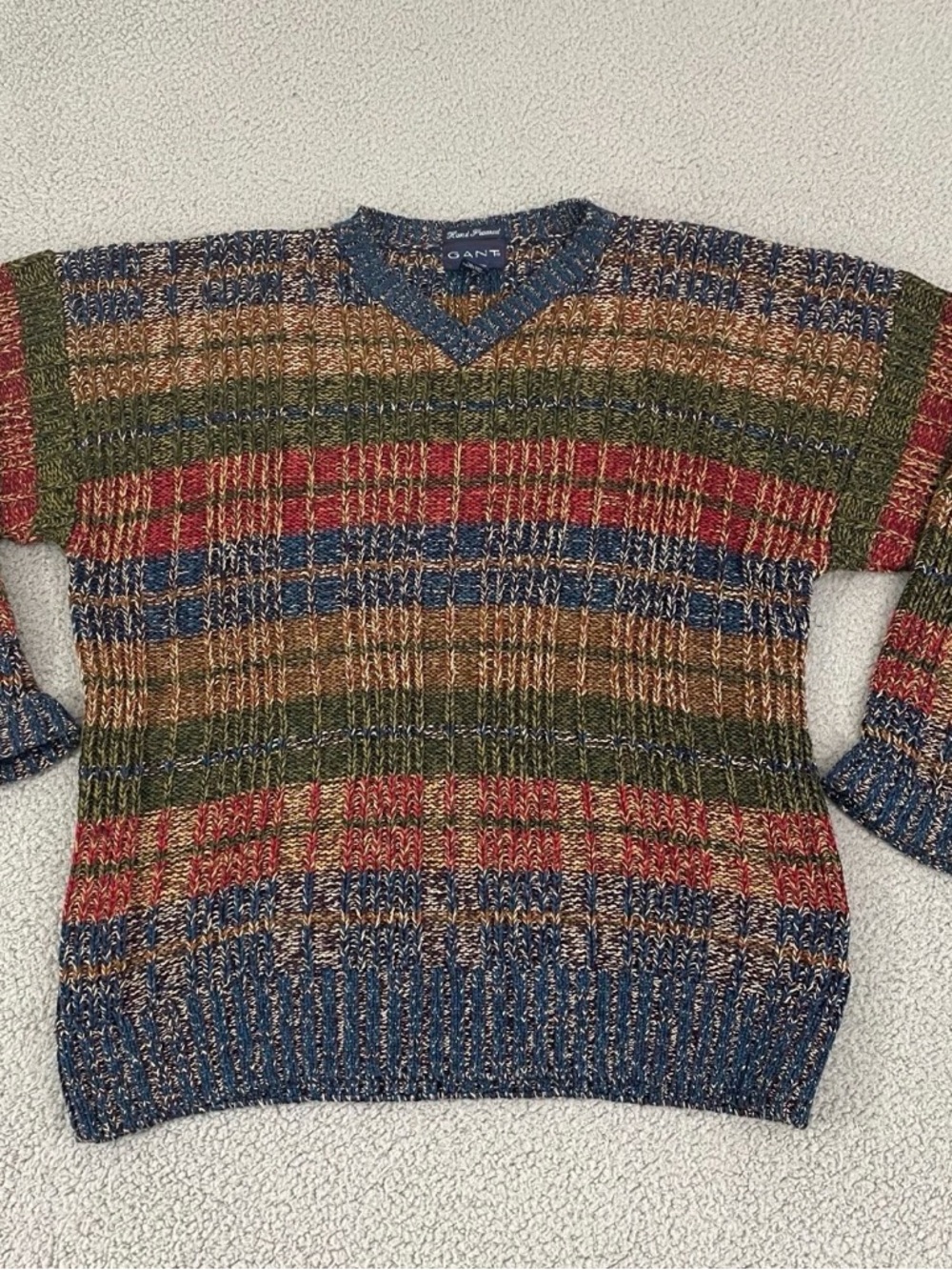 Gant Multicolor Striped V-Neck Sweater in Blue, Red, Green, Tan